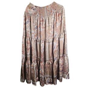 Natural Life Floral Paisly Bohemian A-line Tiered Maxi Skirt Tan and Blue Lg